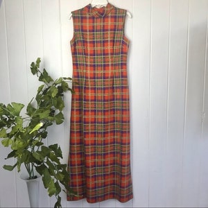 Vintage Rare Orange Plaid Collared Tweed Maxi Dress