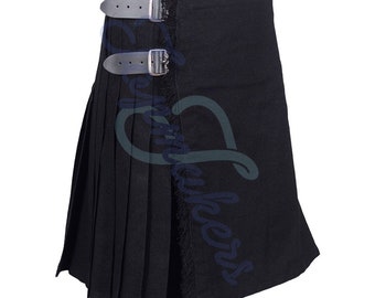Scottish Handmade Plain Black Modern Tartan Kilt - 16 OZ Plain Black Modern Kilt