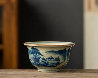 Kung Fu Tea Cup with Landscape and Calligraphy Pattern 120ml, Blue and White Porcelain Jingdezhen Pottery