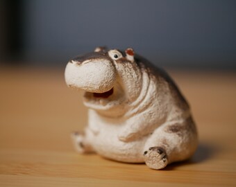 Smiling Hippo Figurine, Ceramic Handmade Tea Pet, Made of Yixing Zisha Clay