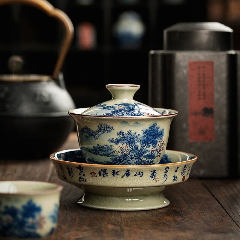 Porcelain Gaiwan Tea Set With Landscape and Calligraphy Deco Etsy