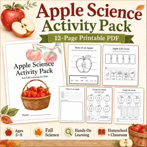 Op de afbeelding: Een 12-pagina tellend printbaar PDF-activiteitenpakket over appelwetenschap met educatieve werkbladen voor kinderen. Het bevat illustraties van appels, een mand met appels en opdrachten over appelonderdelen, levenscycli en het tellen van zaden.