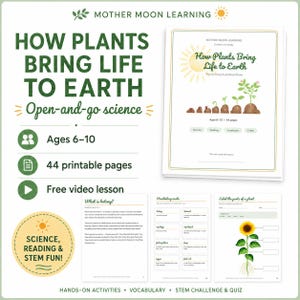 Może przedstawiać: Zestaw edukacyjny Mother Moon Learning zatytułowany How Plants Bring Life to Earth. Zawiera 44 strony do druku dla dzieci w wieku 6-10 lat, w tym stronę tytułową z ilustracjami wzrostu roślin, karty słownictwa oraz arkusz do opisywania roślin.