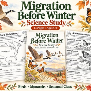 Pode incluir: Um estudo científico de 13 páginas intitulado Migration Before Winter sobre aves, monarcas e pistas sazonais. A capa mostra um ganso canadense e borboletas monarca, com duas páginas internas de atividades contendo mapas e textos.