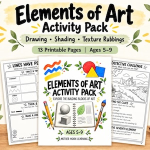 Könnte beinhalten: Elements of Art Activity Pack mit 13 druckbaren Seiten für 5- bis 9-Jährige. Das Cover zeigt eine Illustration von Skizzenbuch, Bleistift und Pinsel mit dem Text Elements of Art Activity Pack Explore the Building Blocks of Art.