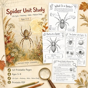 Puede incluir: Un conjunto educativo Spider Unit Study que incluye una portada con una ilustración de araña, luna y follaje. Contiene páginas imprimibles sobre anatomía de arañas, ciclos de vida y estudio de la naturaleza, junto a una lupa y dos lápices.