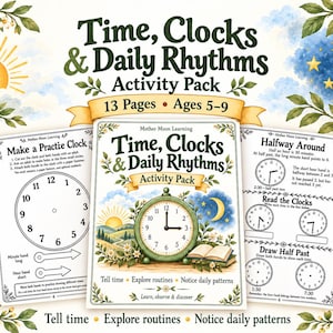 Könnte beinhalten: Ein 13-seitiges Aktivitätspaket zu Zeit, Uhren und Tagesrhythmen für 5- bis 9-Jährige. Das Cover zeigt eine grüne Uhr, Sonne, Mond und ein Buch. Zwei Innenseiten enthalten Übungen zum Uhrzeitlernen, inklusive Basteluhr und Halbstunden-Aufgaben.