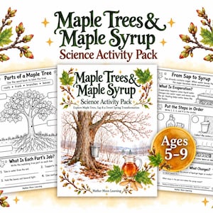 May include: A science activity pack titled Maple Trees & Maple Syrup featuring educational worksheets for ages 5-9. The cover displays a maple tree with a sap bucket and a glass pitcher of syrup, surrounded by green maple leaves and small gold stars.