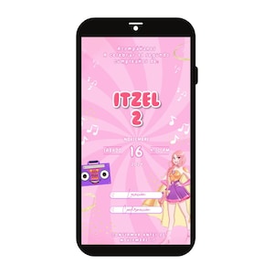 May include: A pink smartphone screen shows a birthday invitation. The invitation features the name "ITZEL" and the number "2". The date is November 16, 2024, at 4:30 PM. The invitation includes text in Spanish and a cartoon illustration of a girl in a superhero costume.
