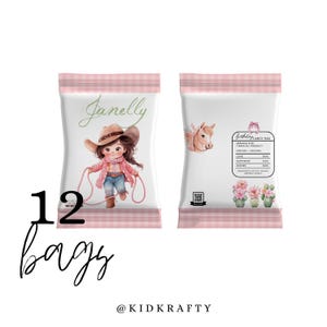 Cowgirl Chip Bags- First Rodeo Treat Bags, Western Snack Bags- Cowgirl Party Wrappers-12 Personalized Rodeo Party Favors