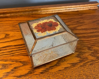 Mirrored and Pressed Glass Botanical Jewelry Box - Brass Hinged Jewelry Box - Textured Glass