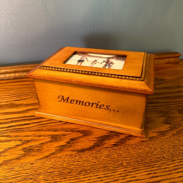 Vintage Wooden Jewelry Box with Photo Insert - Memories Jewelry Box