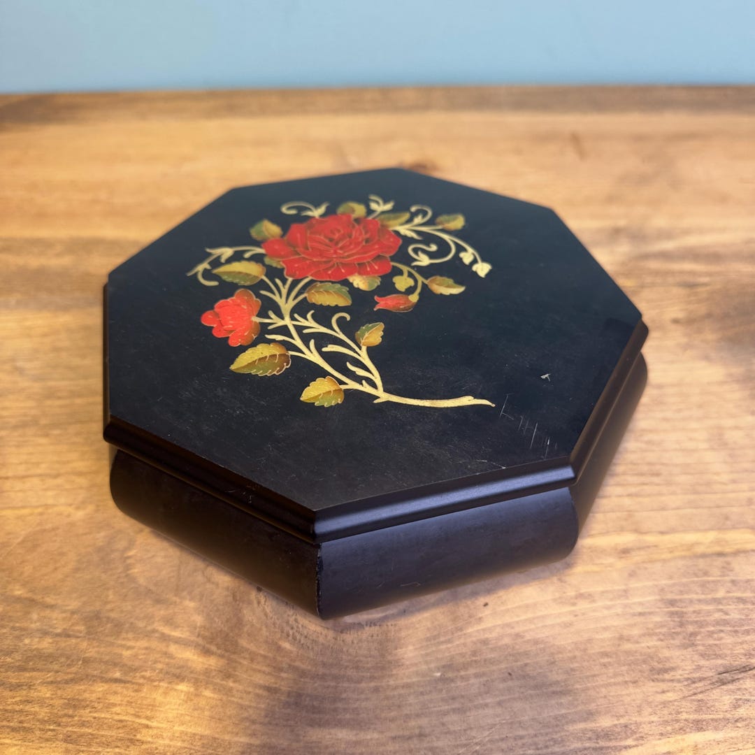 Handcrafted Octagonal Midnight Black With Red Rose Inlay Jewelry Box ...