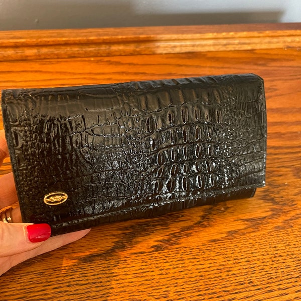 Black Patent Vinyl Wallet - Alligator Logo - ID Holder - Money Holder - Faux Alligator