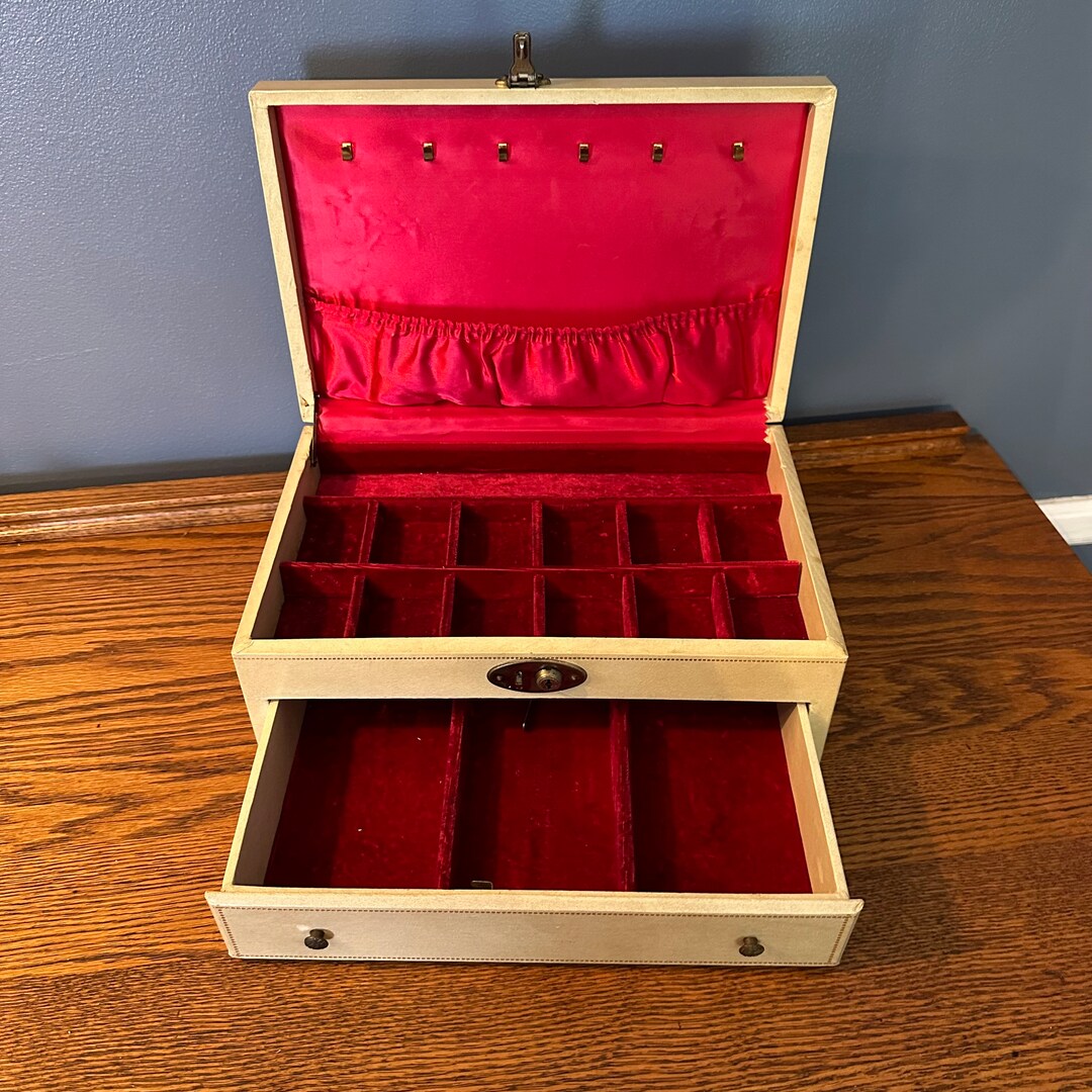 Mid Century Jewelry Box White Hard Case With Red Interior Etsy