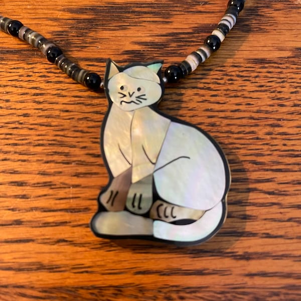 Mother of Pearl Inlaid Cat Pendant Necklace - Cat Lover Gift Idea - White Cat Pendant