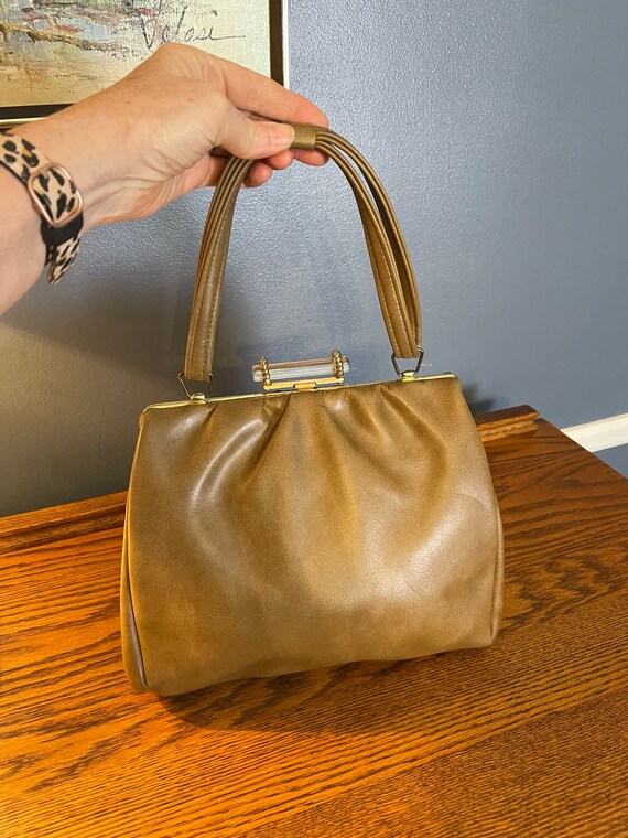 Mid Century Taupe Top Handle Purse With Clear Luc… - image 2