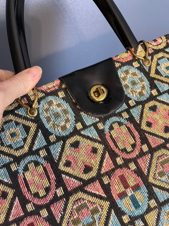 Multicolor Top Handle Carpet Bag with Vinyl Inter… - image 2