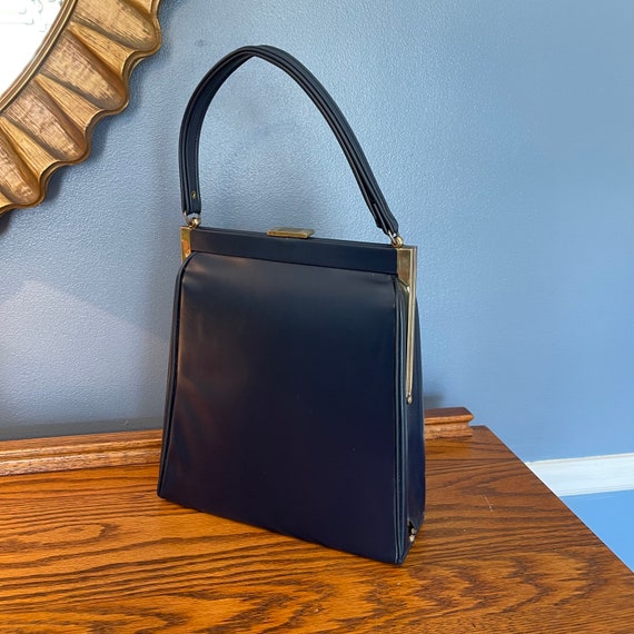Mid Century Navy Blue Top Clasp and Top Handle Purse Tempra by