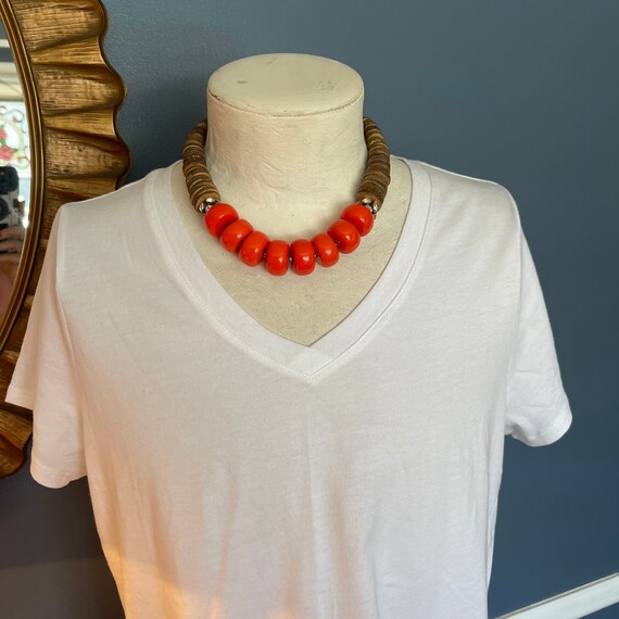 Chunky Orange Wooden Beaded Statement Necklace - Bright Orange Beads - Wood Beads - 1990s Necklace