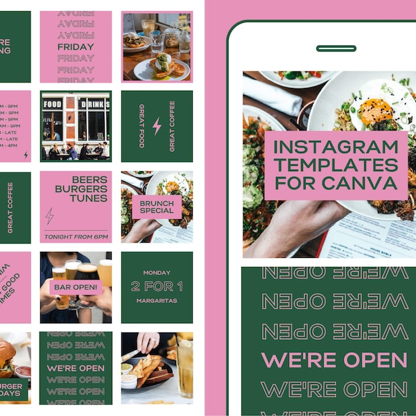 Instagram Post Templates for Canva | Cafe, bar and hospitality | Editable Instagram Posts | Minimal, modern, bold | Pink and Green