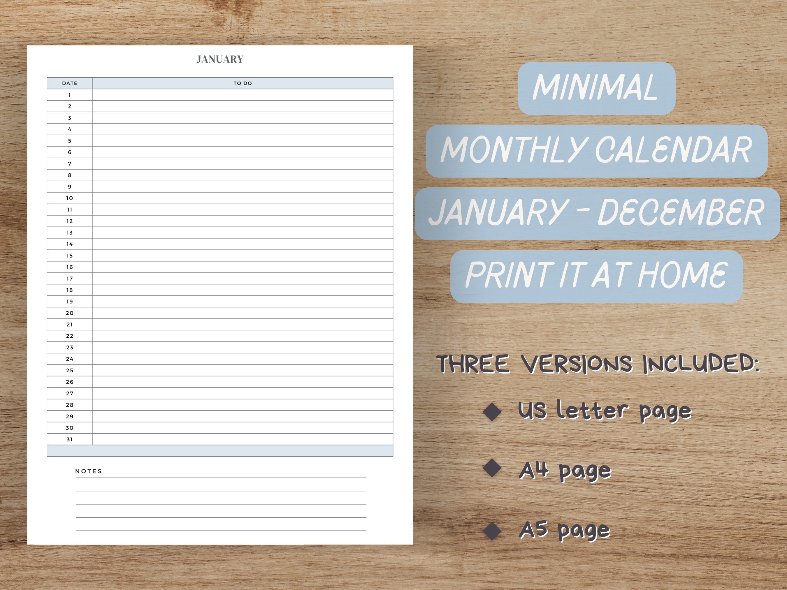Monthly Calendar / Printable / US Letter, A4 & A5 / Minimal Blue / Day ...
