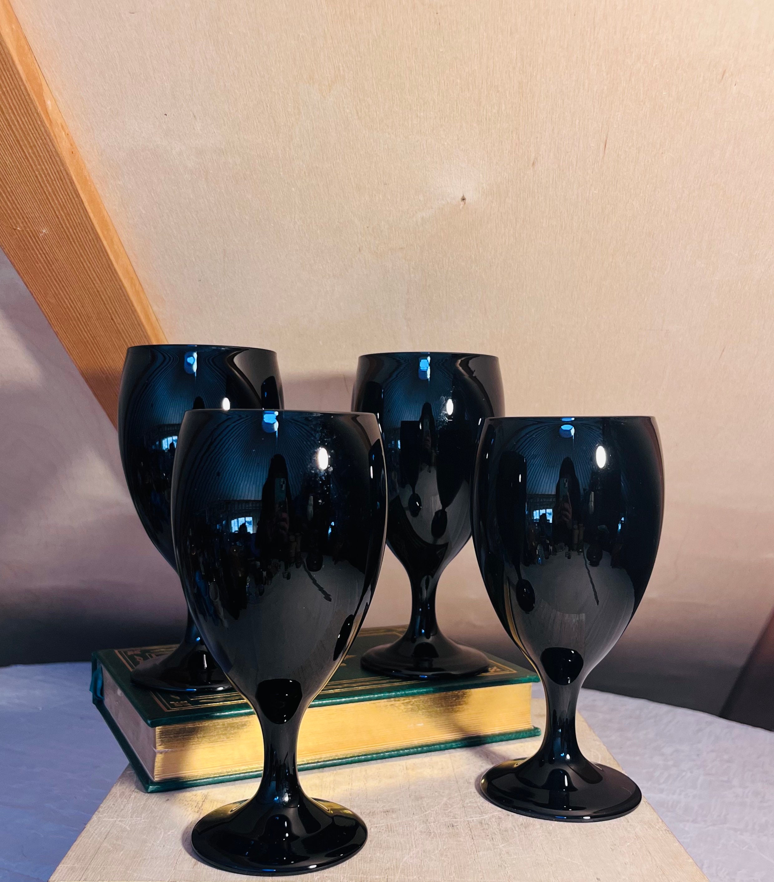 Vintage 4 Premiere Black Libbey Four Water Glasses Large Mod