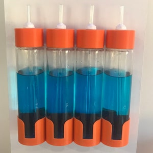 Reef dosing system (Small) - 3D printed 375mL Voss bottle caps, 1/4" Mur-Lok bulkheads, rigid tubing, and wall mounting bracket (4 bottles)