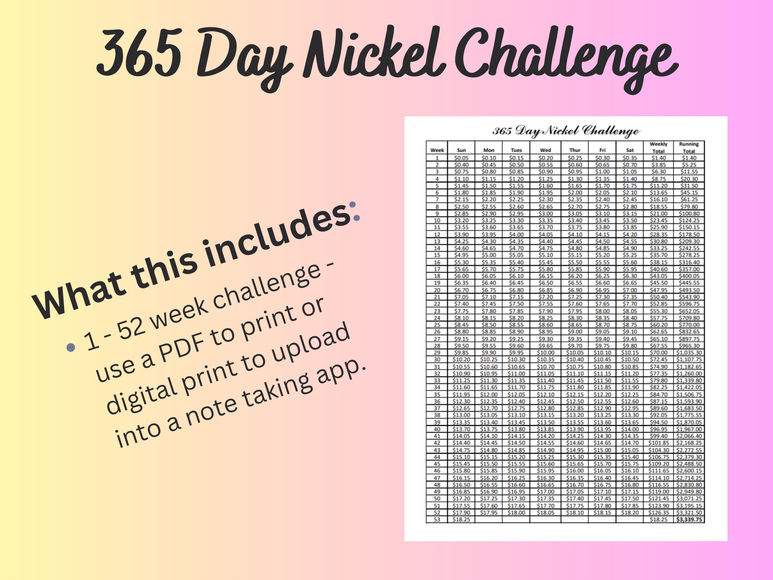 365 Day 52 Week 1 Year PDF Downloadable Nickel Challenge 3,000 Savings ...