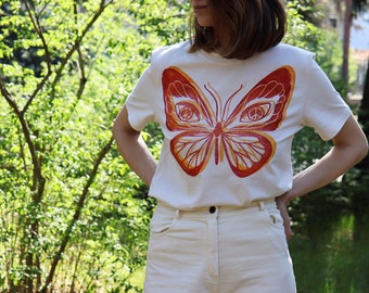 Handprinted Linocut Printing Apparel Butterfly Peace Sign Illustration T-shirt 100% Organic Cotton Tees Block Print Eco-friendly l