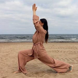 SOMA 3-Piece Linen Set – Crop Top, Wide Leg Pants & Kimono, Retreat Yoga Outfit for Women, Lightweight Natural Summer Clothing