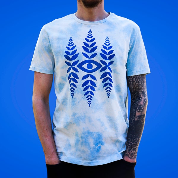 Batik et œil abstrait imprimé à la main T-shirt unisexe style linogravure T-shirts 100 % coton biologique Block Print T-shirts écologiques