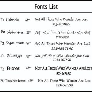 Peut inclure: Un tableau comparant six polices de caract&egrave;res diff&eacute;rentes, chacune &eacute;tiquet&eacute;e avec un nom de police et un num&eacute;ro. Le texte "Not All Those Who Wander Are Lost" est &eacute;crit dans chaque police, ainsi que les chiffres 1234567890.
