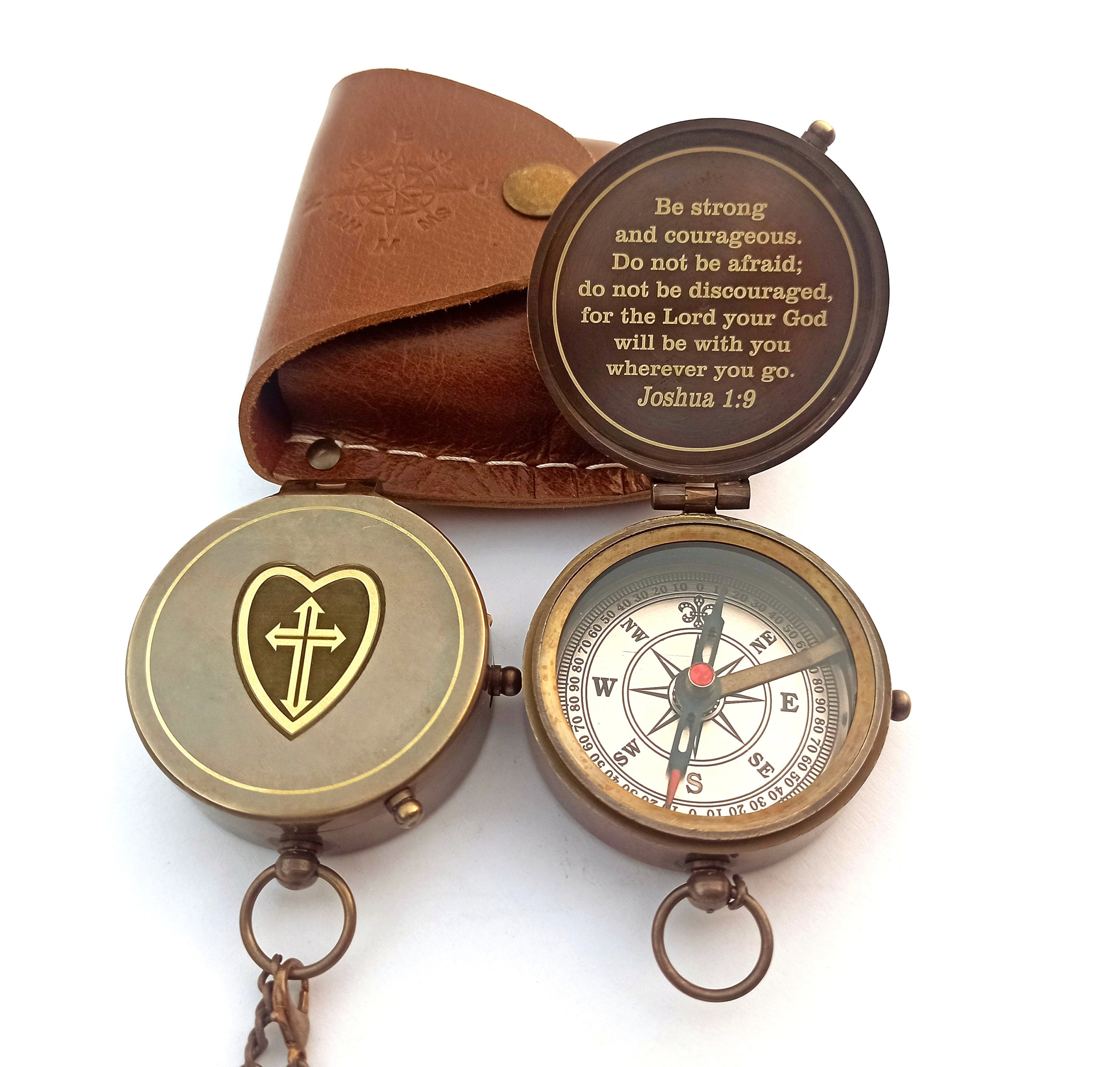 Birthday ALADEAN God Guide Me Brass Compass Unique Leather Case Missionary or Confirmation Gift Uplifting Heavenly Gift of Faith Perfect Baptism Gift 