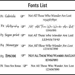 Puede incluir: Un gr&aacute;fico en blanco y negro titulado "Fonts List" muestra seis estilos de fuente diferentes. Cada fuente se muestra con la frase "Not All Those Who Wander Are Lost" y los n&uacute;meros 1234567890.
