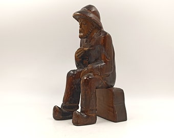 Carved wooden statuette sculpture Pipe smoker Sailor or Peasant Popular Art France vintage