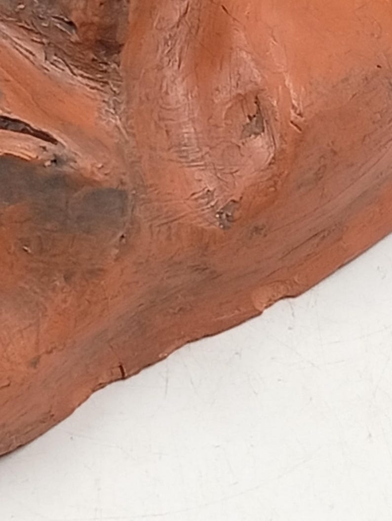 Pode incluir: Close-up de uma escultura de terracota de um rosto. A escultura est&aacute; inacabada e mostra a textura do barro.