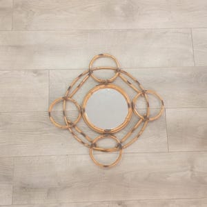 Vintage 60s 70s Rattan Circle Wall Mirror Basketwork Sun Hippie Ethnic Chic Wicker Bamboo sunburst