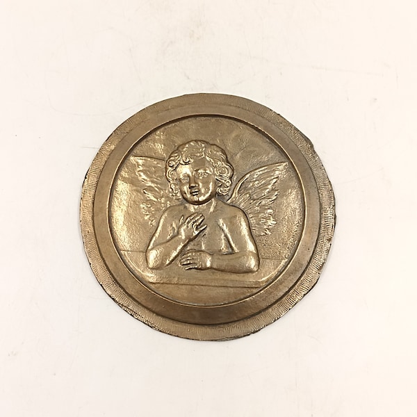 Plaque ronde Ange Bronze signé L. L'Eplattenier Bas Relief Médaille Chérubin Putti Angelot France romantique baroque