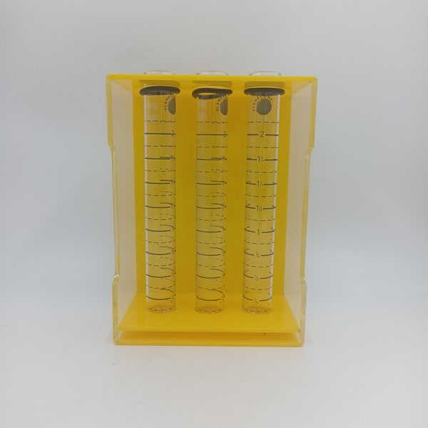 3 Test Tubes Glass Support Plexiglas Yellow Science Chemistry Curiosity Vintage