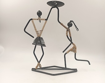 Bougeoir vintage fer et rotin Laurids Lonborg design midcentury africaniste 60's 70 anthropomorphe