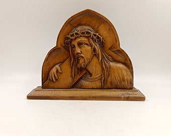 Jesus Christ sculpture in low relief carved wood Holy Face signed Bastian France 1940's