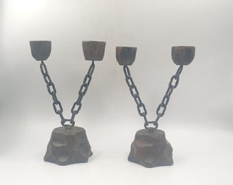 Lot 2 Bougeoirs Chaine Fer Bois Sculpté Vintage Brutaliste Médiéval Années 60 70 chandelier Espagne néo Gothique