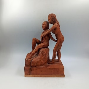 Naken lesbisk parstaty, snidat trä, erotisk skulptur, vintage kuriosa