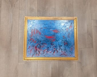 Abstract Art Painting Blue Red Painting on Panel Framed Singular Outsider Raw France 20th Century