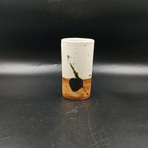 May include: A white ceramic vase with a brown band and green and black leaf design.