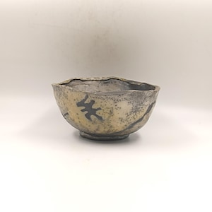 Peut inclure: Un petit bol en céramique blanc cassé avec une surface texturée et irrégulière. Le bol est recouvert d'un glaçage gris foncé avec des marques noires qui ressemblent à des branches ou des feuilles.