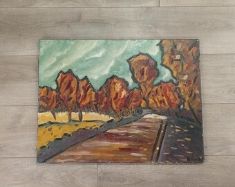 Oil on Canvas Painting Expressionist Landscape Autumn Path with Trees Painting French School 20th Century
