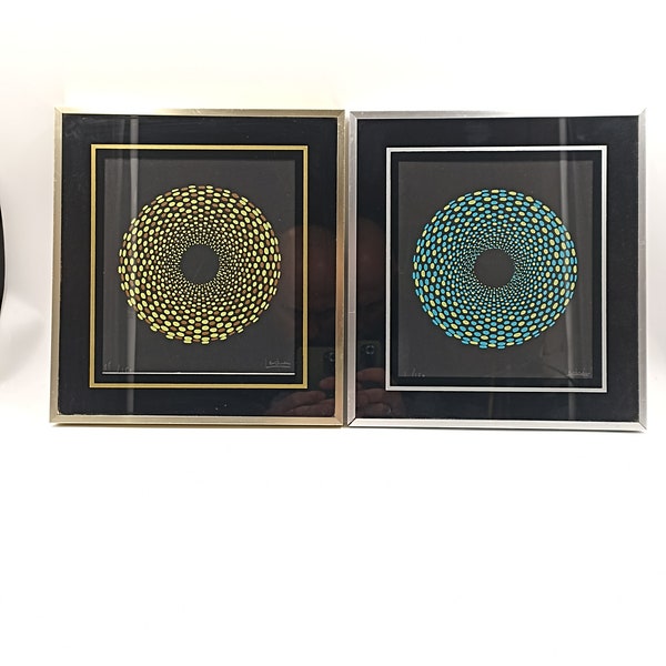 2 kinetic screen prints signed numbered framed Op Art dlg Vasarely vintage optical design midcentury fractal 70s 80's