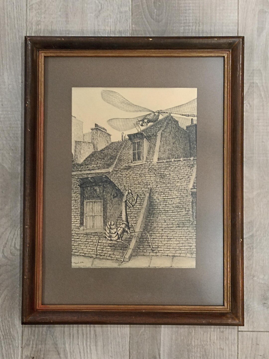 Table Drawing Pencil Fight Giant Insects Pierre Teulon Frame Surrealist ...